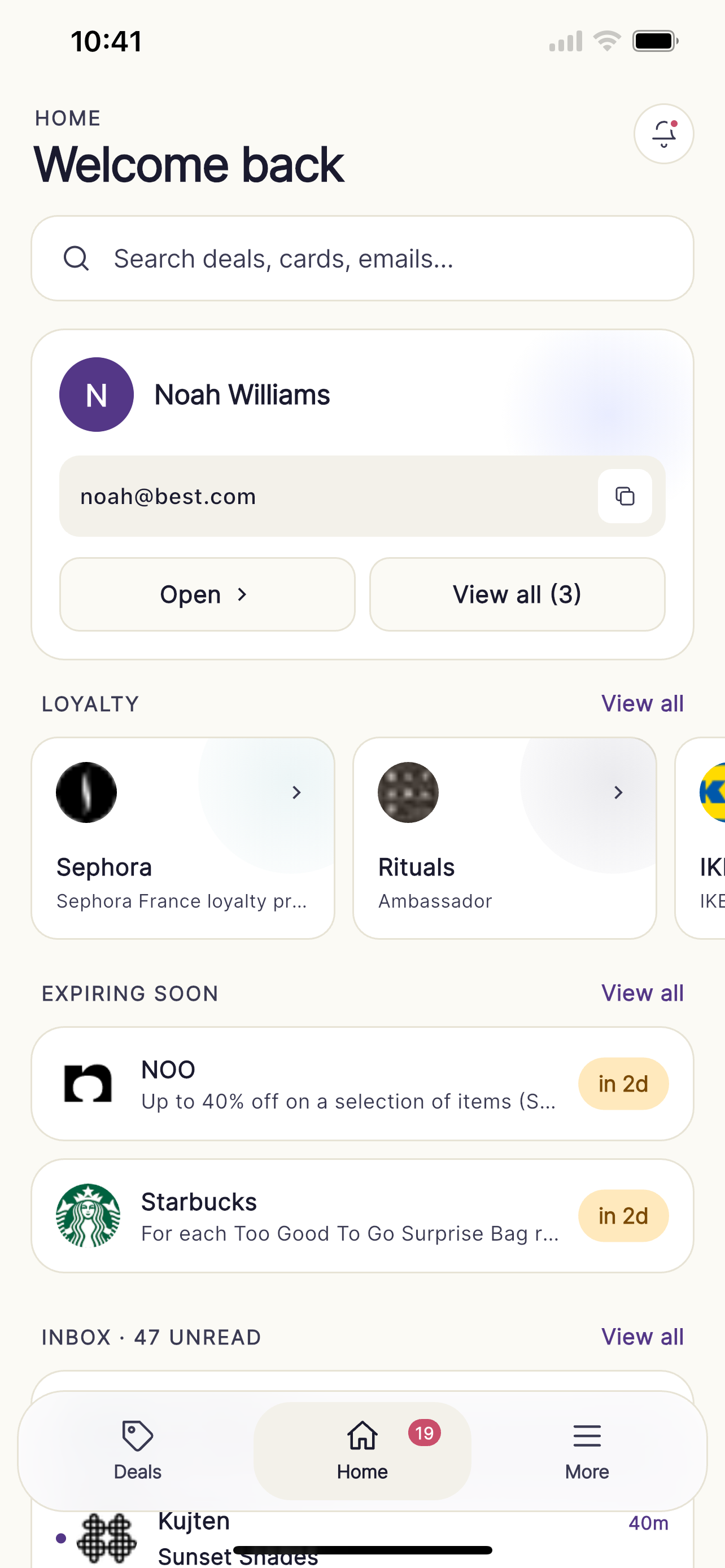 Unward home screen showing your active persona, loyalty cards, and expiring deals