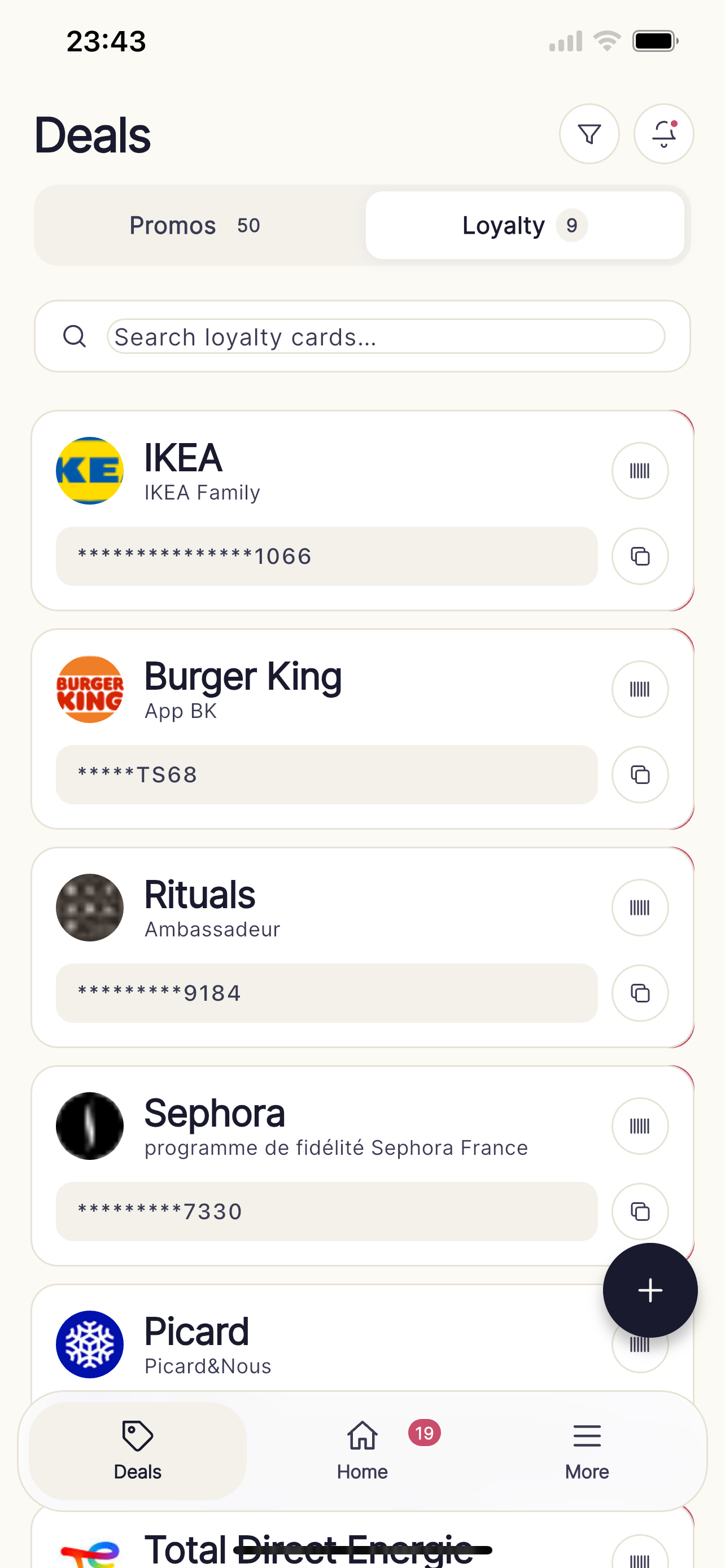Deals screen with the Loyalty tab open, showing IKEA Family, Burger King, Rituals, and Sephora cards