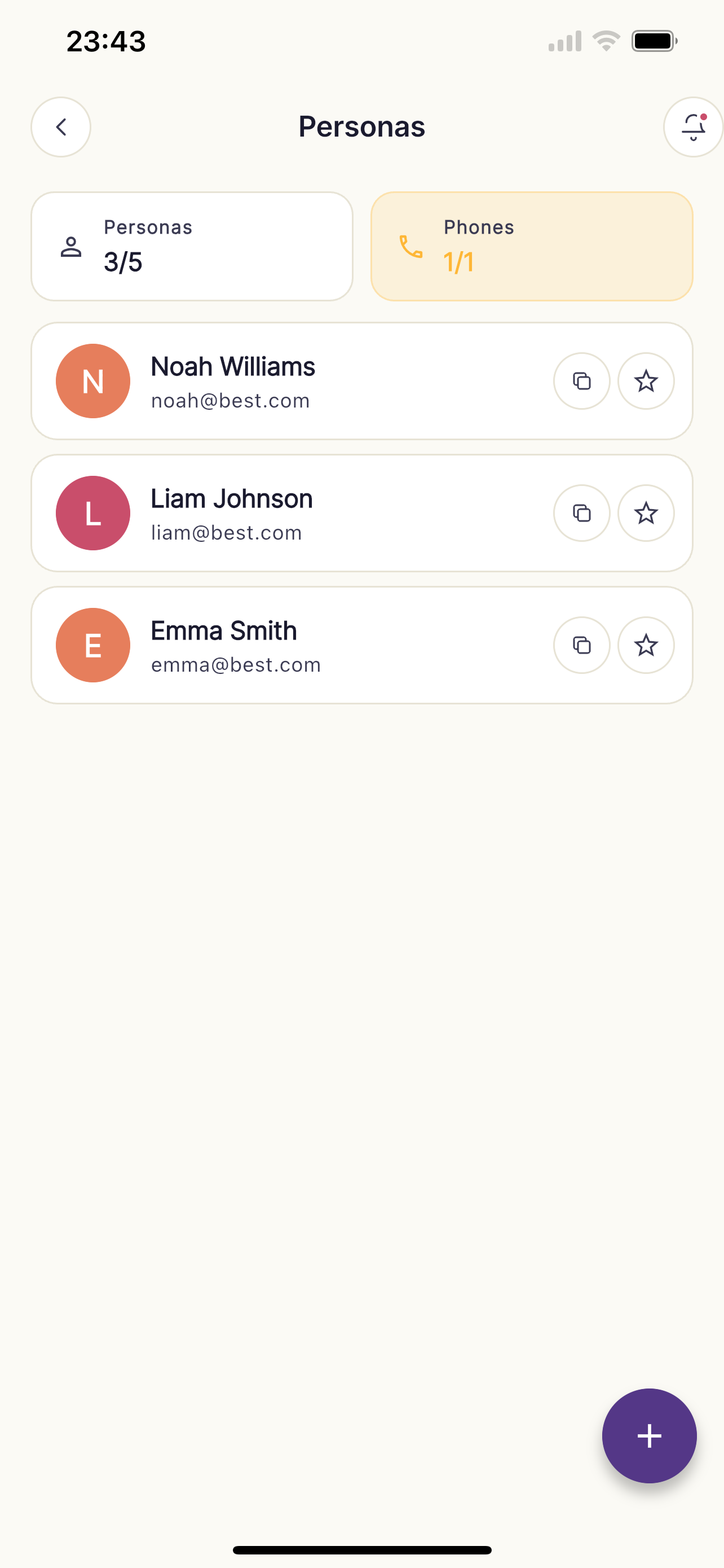 Personas screen showing three generated personas with email aliases